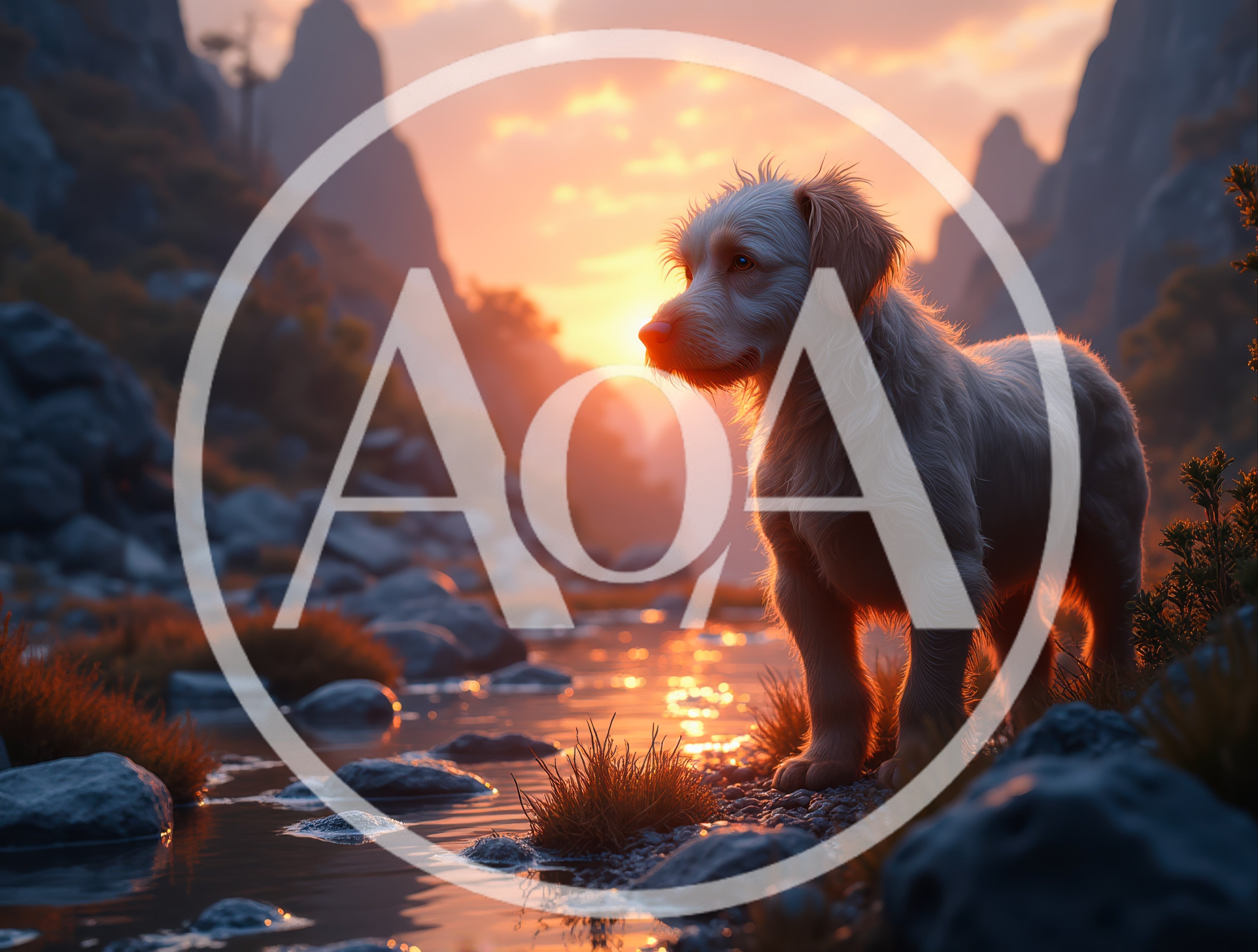 Fluffy Dog Standing By A Mountain Stream At Sunset