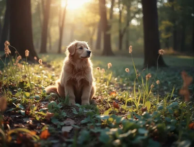 Golden Retriever Puppy Sitting in Sunlit Forest