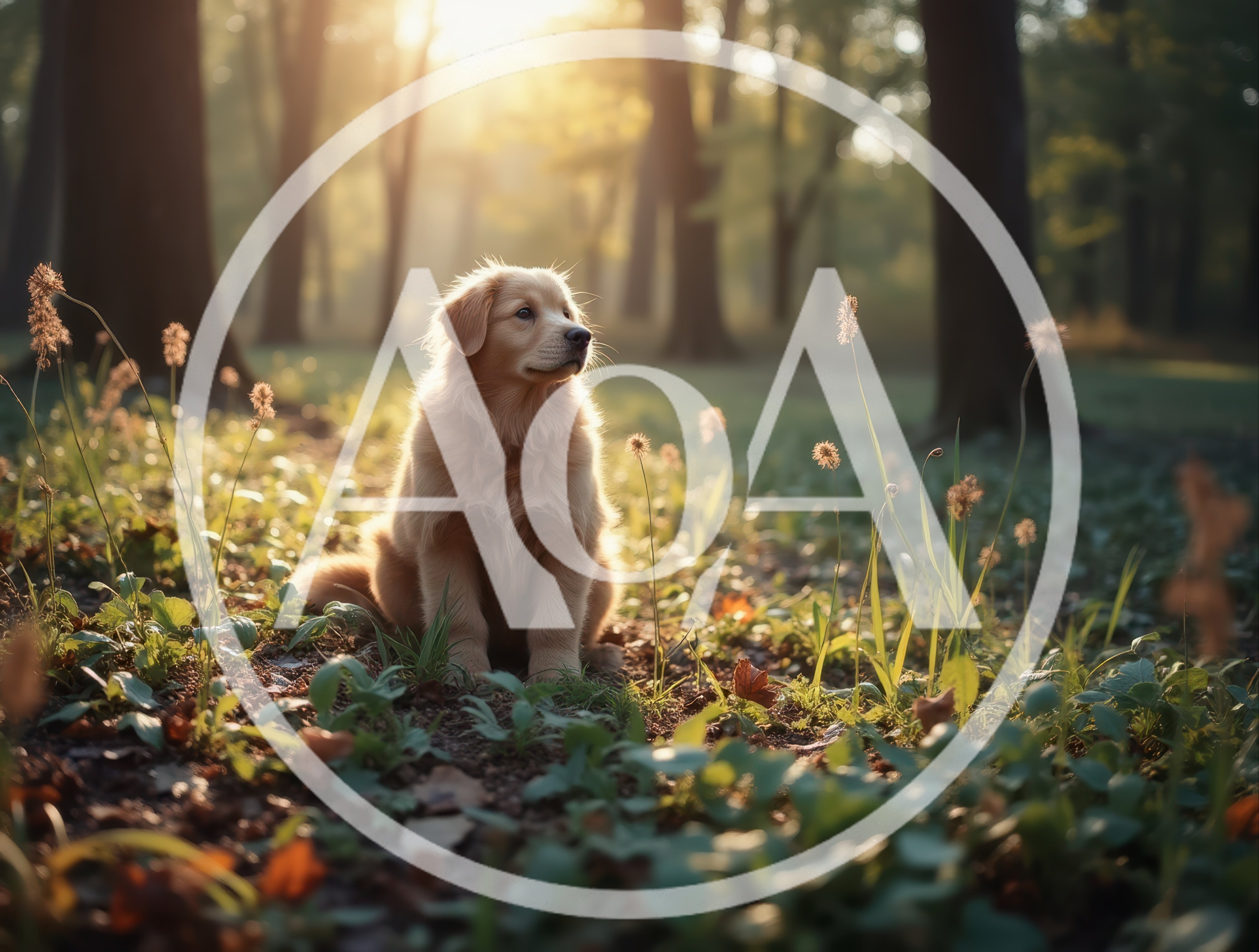 Golden Retriever Puppy Sitting in Sunlit Forest