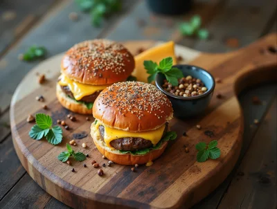 Two Gourmet Cheeseburgers On A Wooden Serving Board