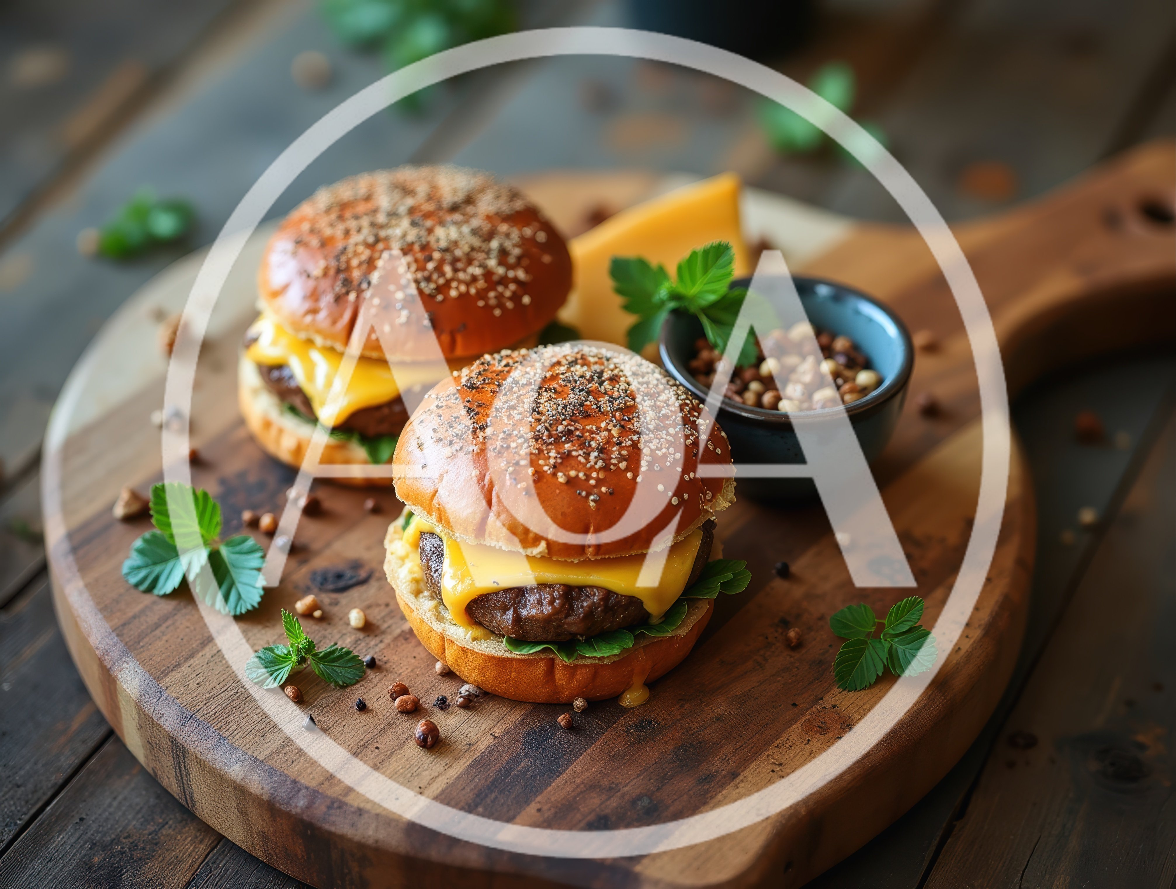 Two Gourmet Cheeseburgers On A Wooden Serving Board