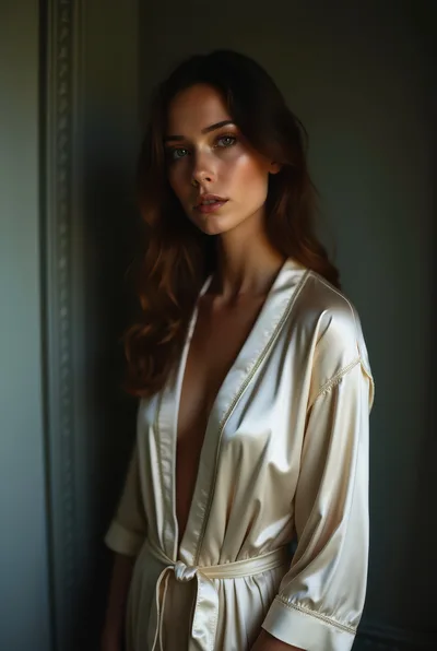 Elegant Woman In Silk Robe Standing In Dim Room