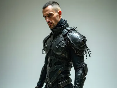 Futuristic Cybernetic Soldier In Tactical Black Armor