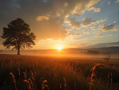 Lone Tree In A Misty Golden Sunrise Field