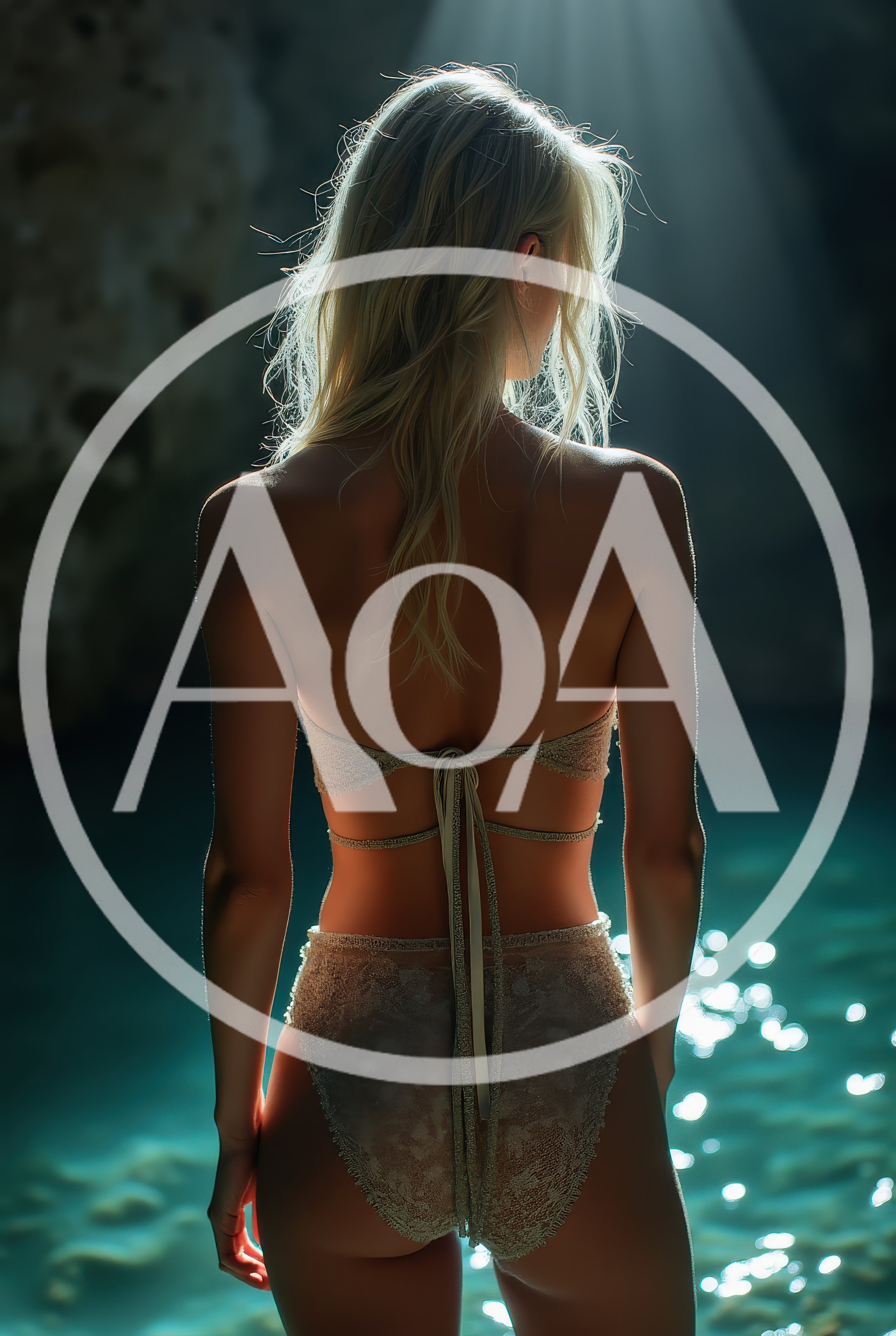 Blonde Woman Standing In A Sunlit Cenote
