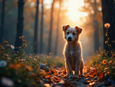 Golden Puppy Sitting In A Sunlit Forest
