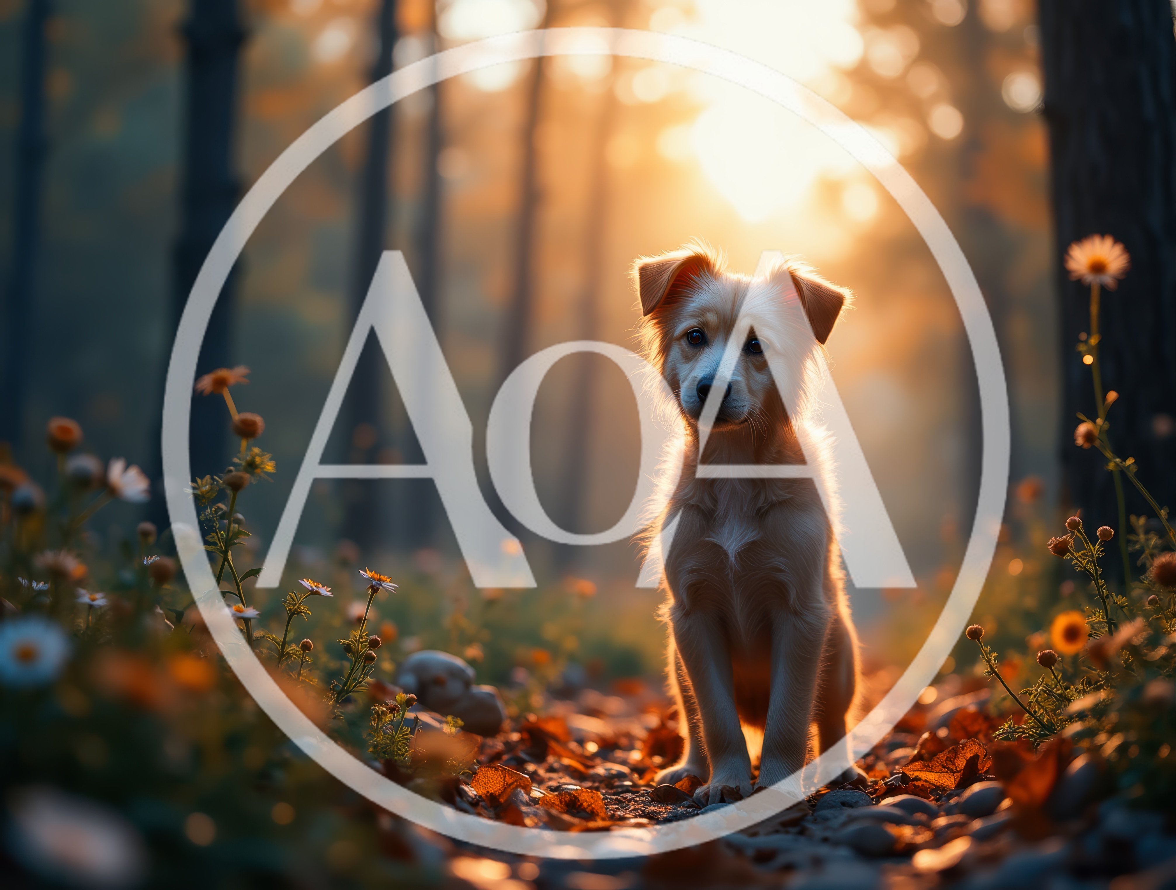 Golden Puppy Sitting In A Sunlit Forest