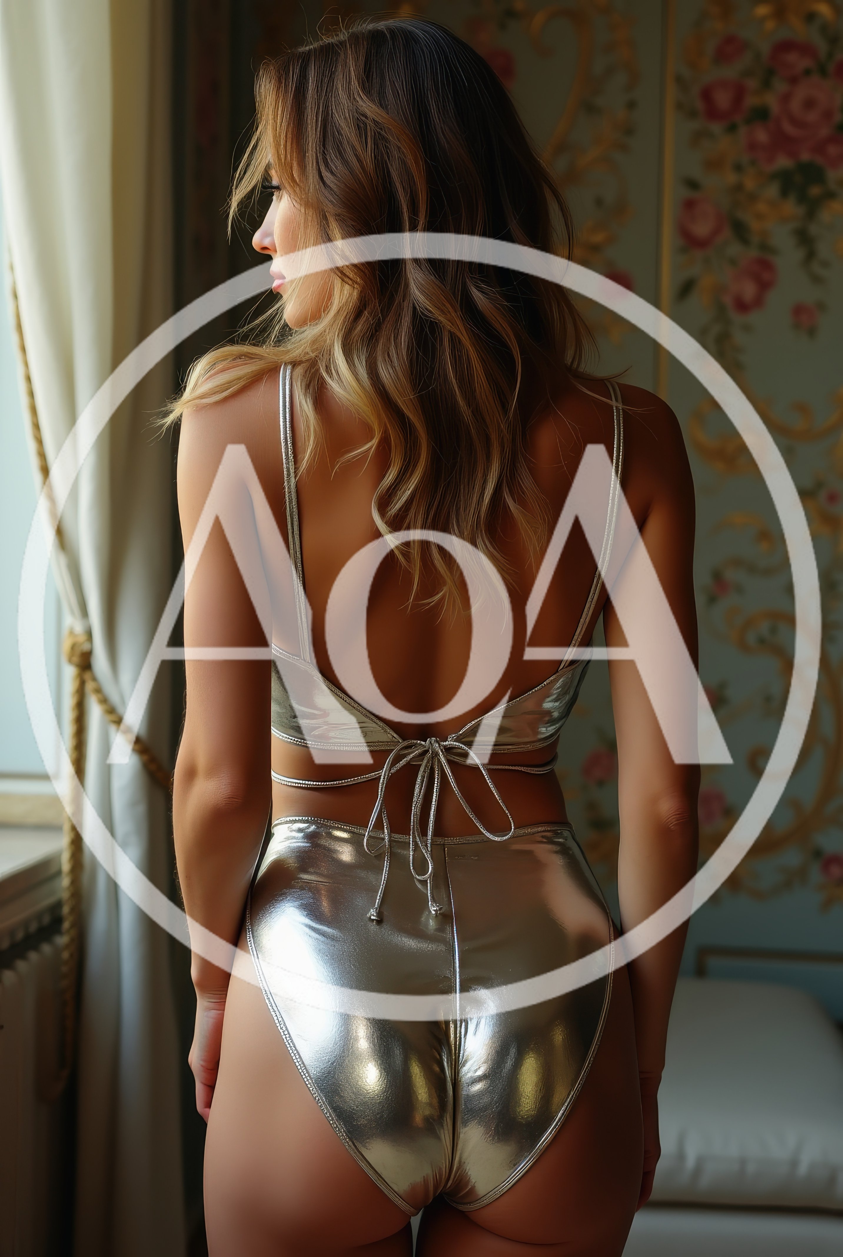 Woman Wearing Metallic Silver Bikini Standing By Window