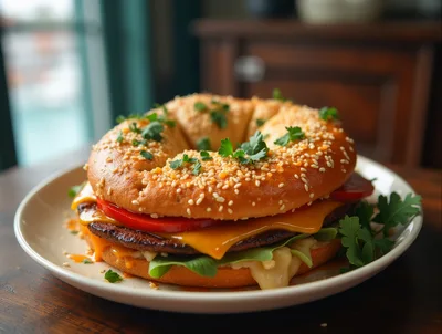 Gourmet Bagel Burger With Cheese And Fresh Parsley