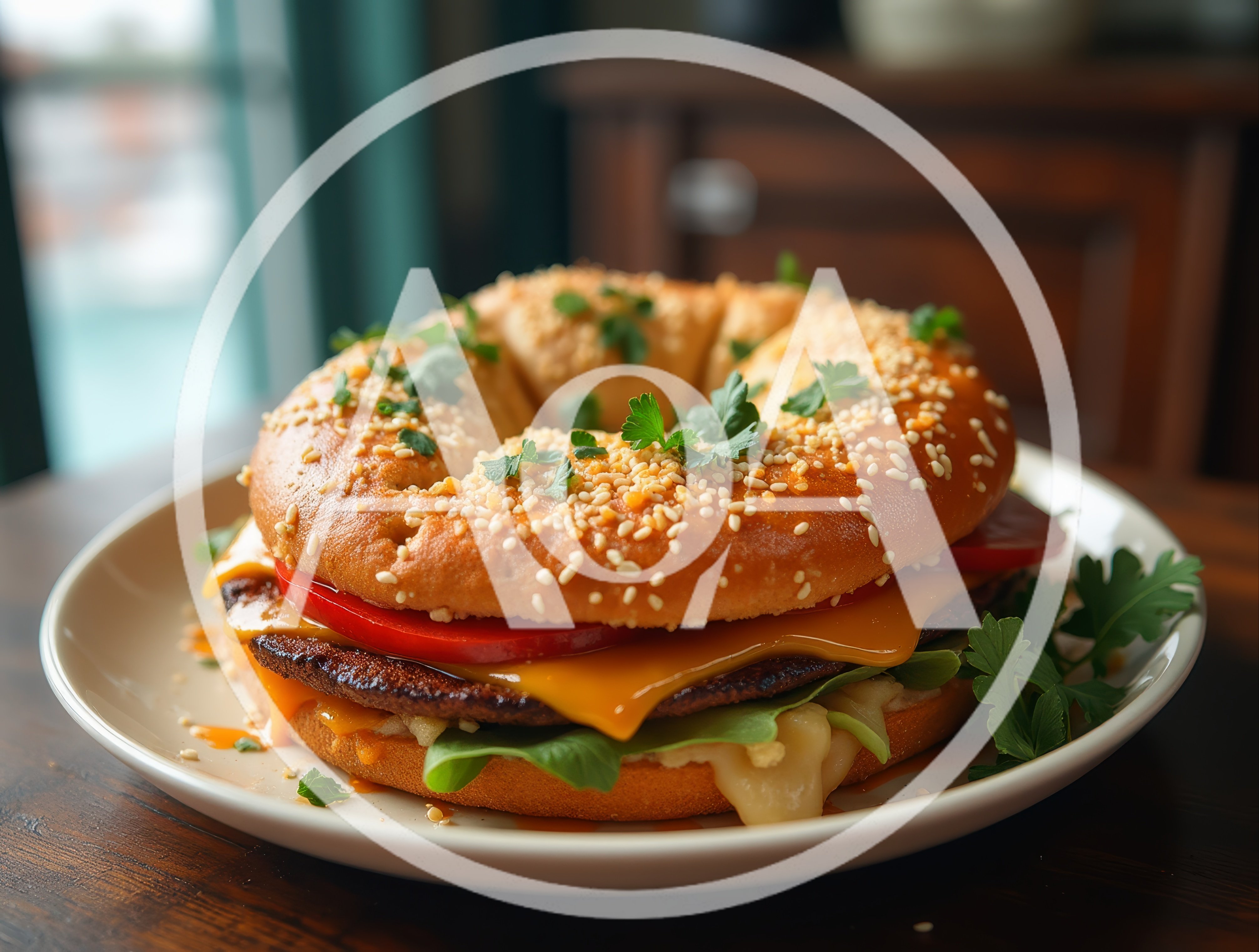 Gourmet Bagel Burger With Cheese And Fresh Parsley