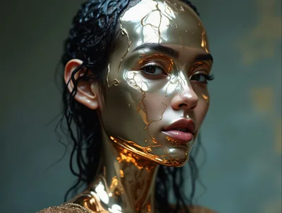 Portrait Of A Woman With Liquid Gold Face Mask