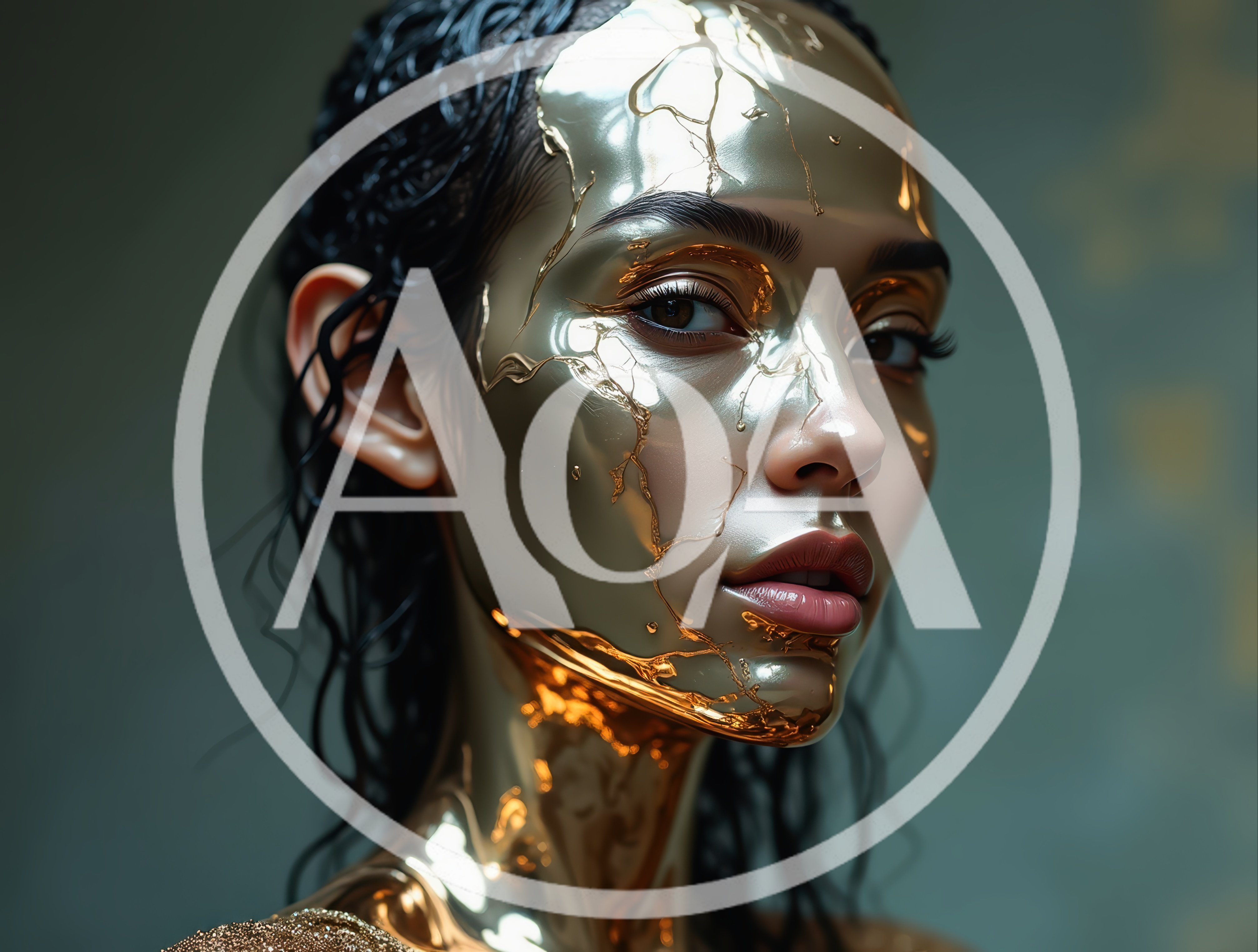 Portrait Of A Woman With Liquid Gold Face Mask