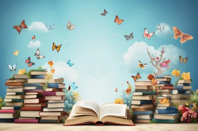 Open Book Surrounded By Stacks Of Books And Butterflies
