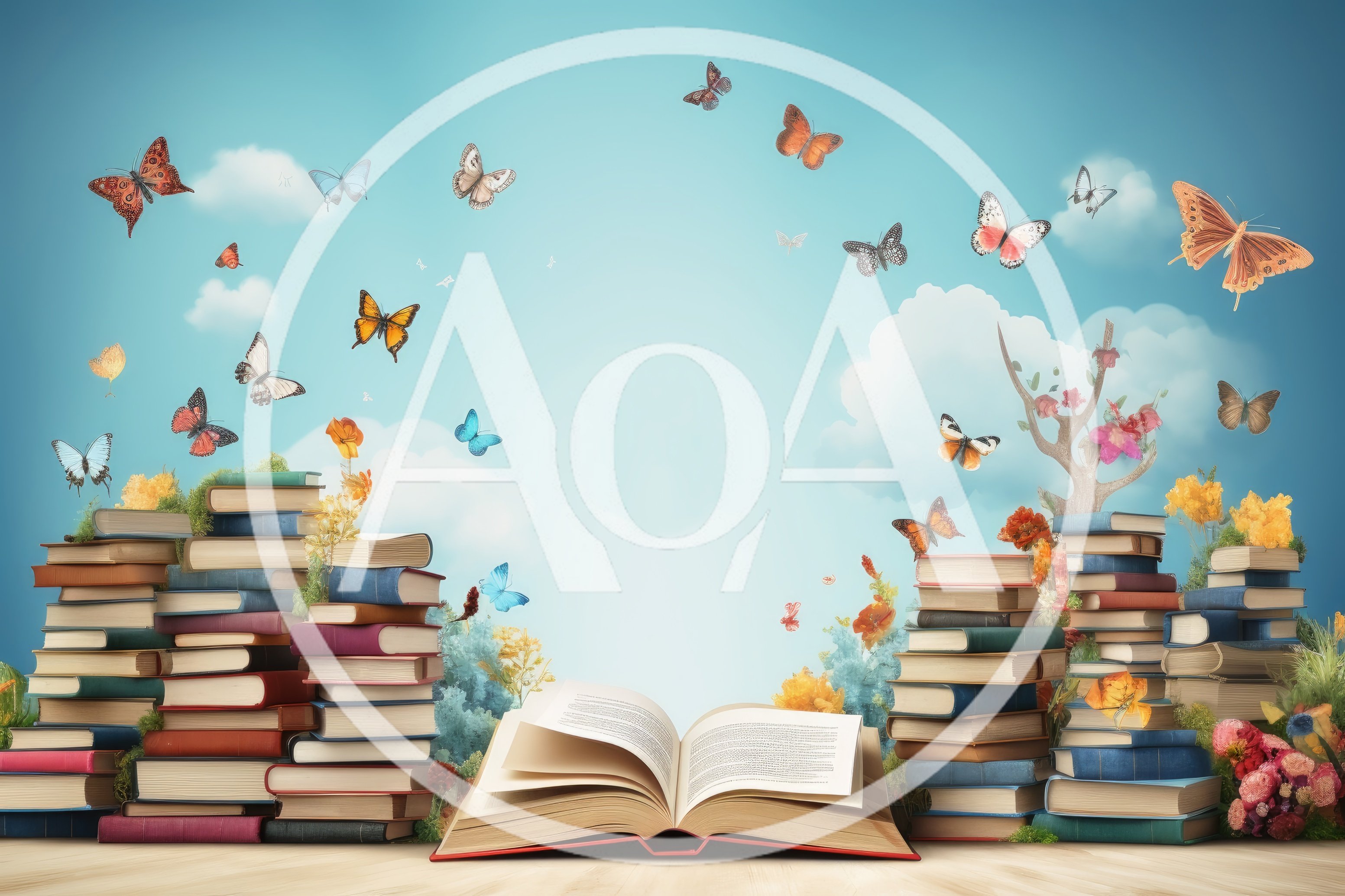 Open Book Surrounded By Stacks Of Books And Butterflies