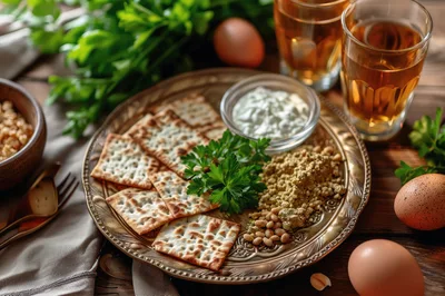 Passover Seder Plate With Matzah And Traditional Foods
