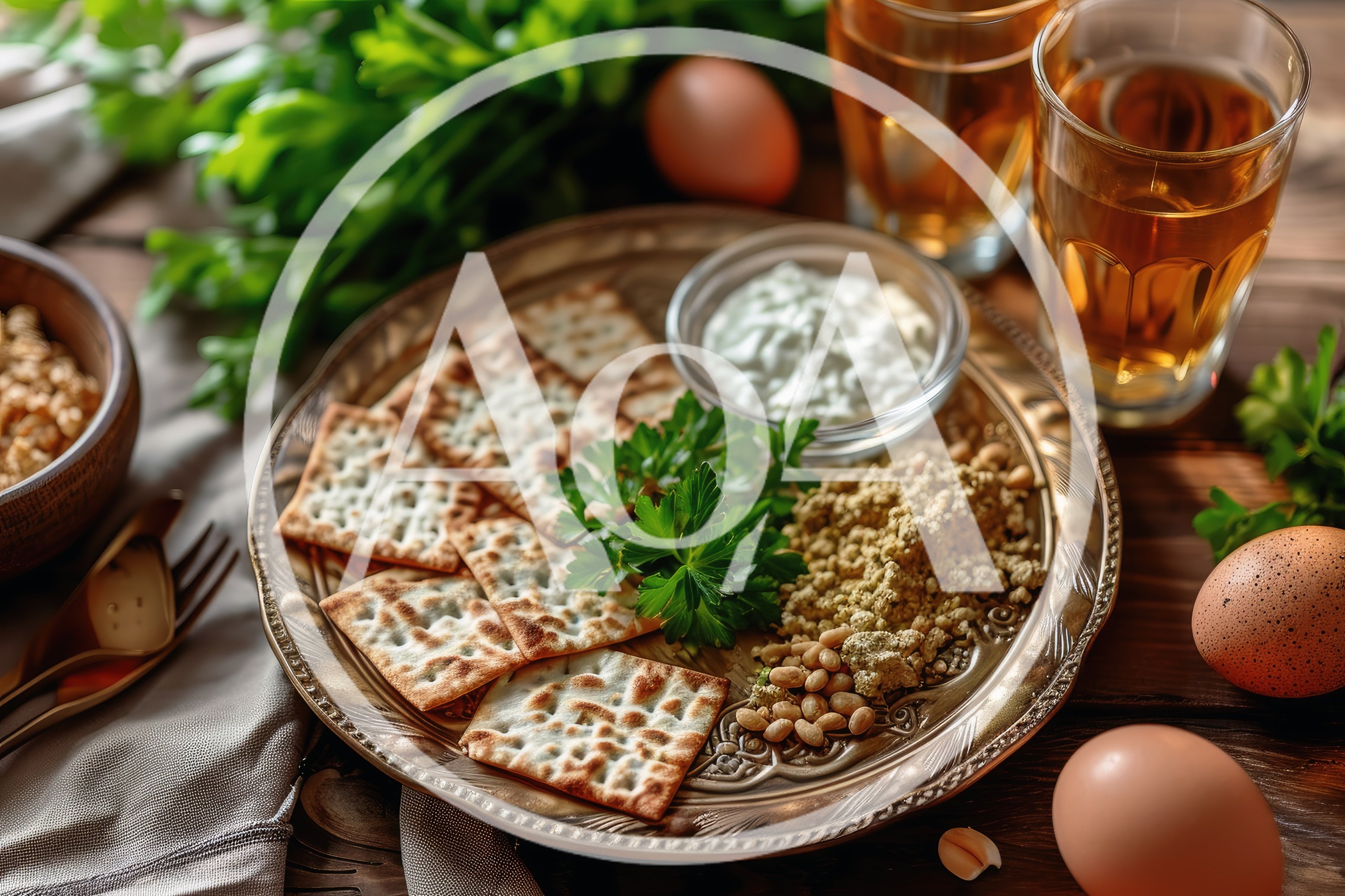 Passover Seder Plate With Matzah And Traditional Foods