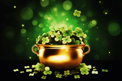 Golden Pot Filled With Four Leaf Clovers