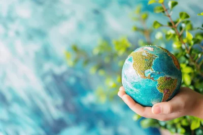 Hand Holding A Miniature Globe With Green Continents