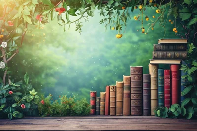 Stack Of Vintage Books In A Lush Garden Setting