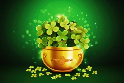 Golden Pot Filled With Lucky Four Leaf Clovers