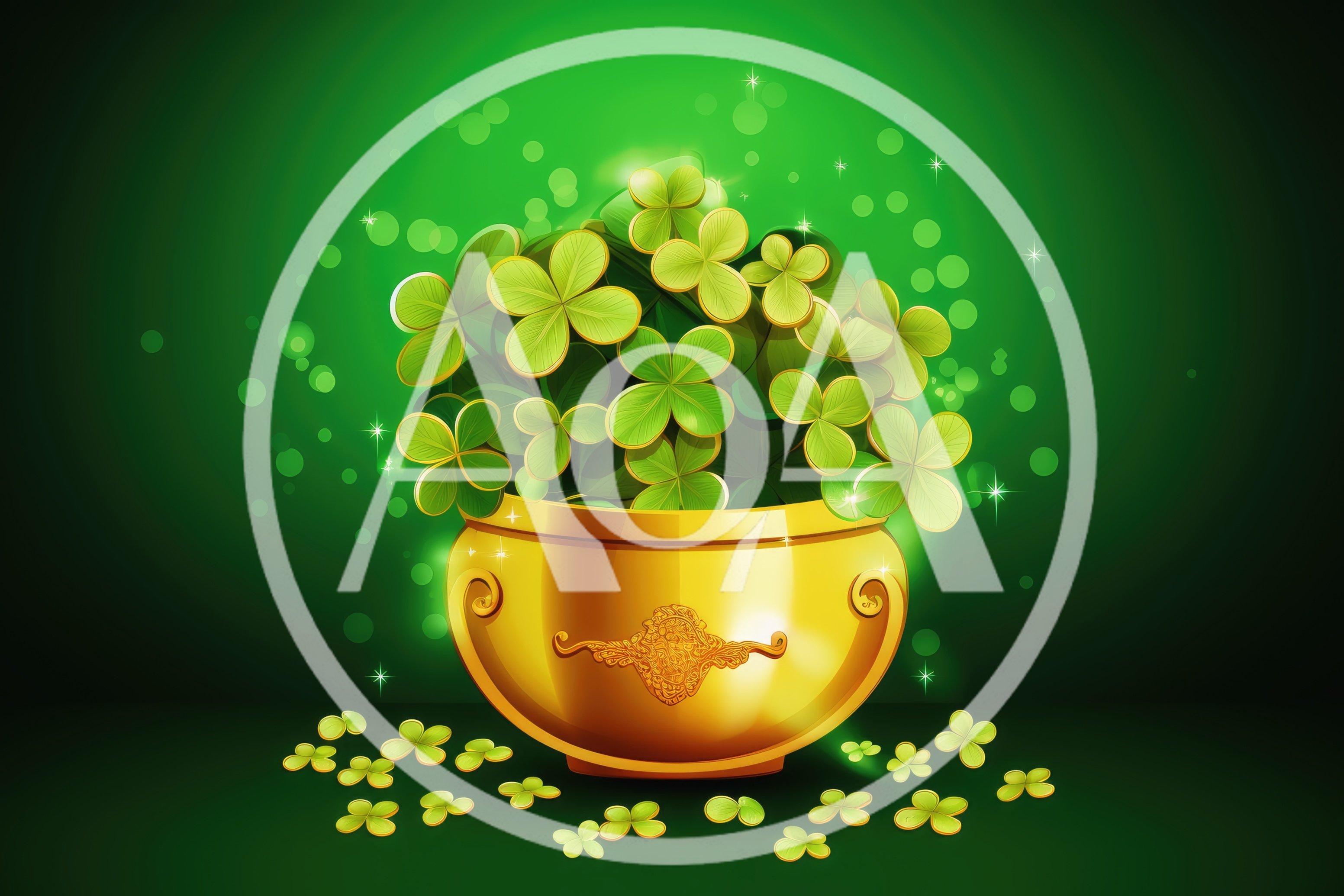 Golden Pot Filled With Lucky Four Leaf Clovers