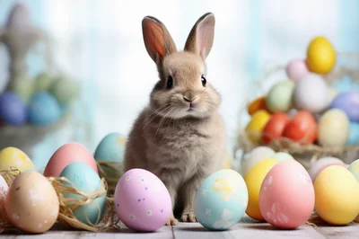 Cute Brown Bunny Sitting Among Colorful Easter Eggs