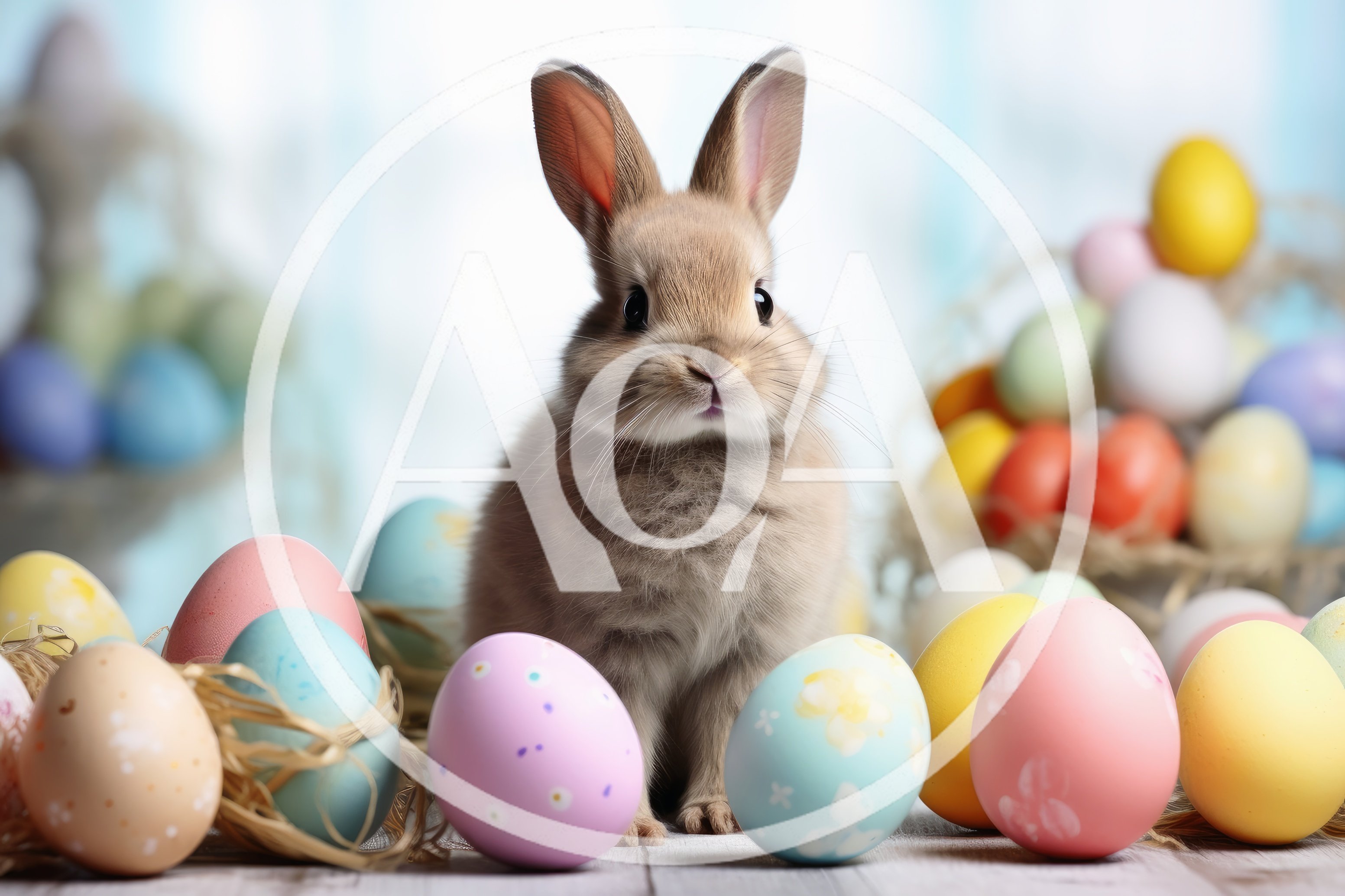 Cute Brown Bunny Sitting Among Colorful Easter Eggs