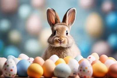 Cute Brown Bunny Surrounded By Colorful Easter Eggs