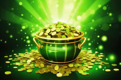Pot of Gold Coins on Green Background