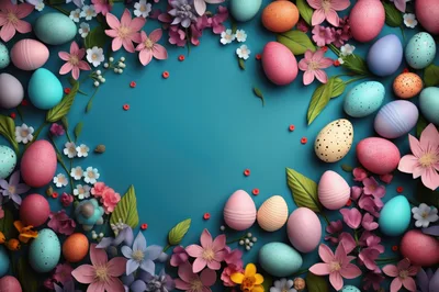 Easter Eggs And Spring Flowers On Teal Background