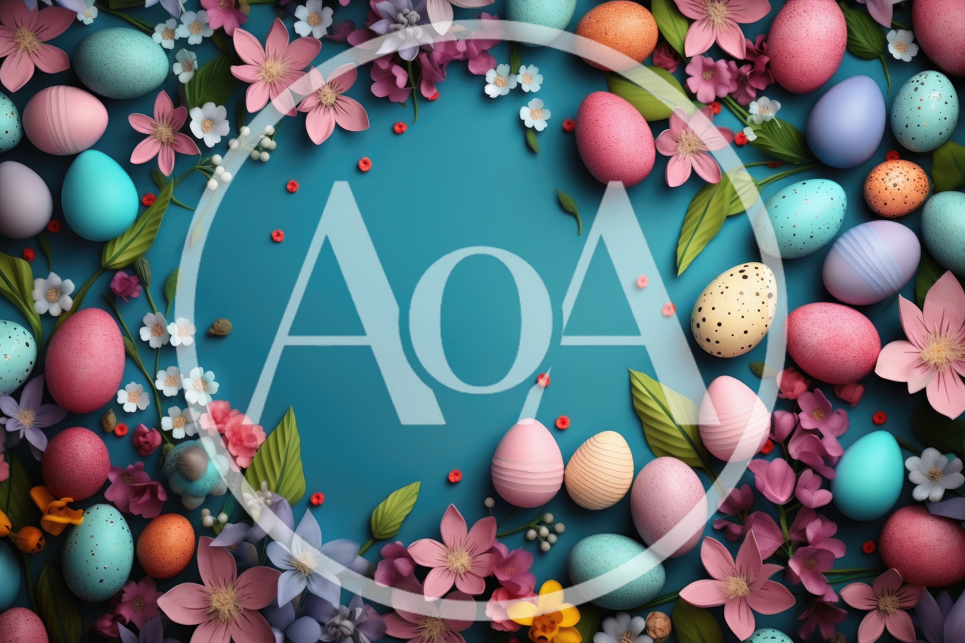 Easter Eggs And Spring Flowers On Teal Background