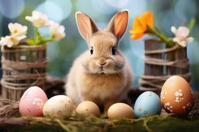 Cute Fluffy Bunny With Easter Eggs And Flowers