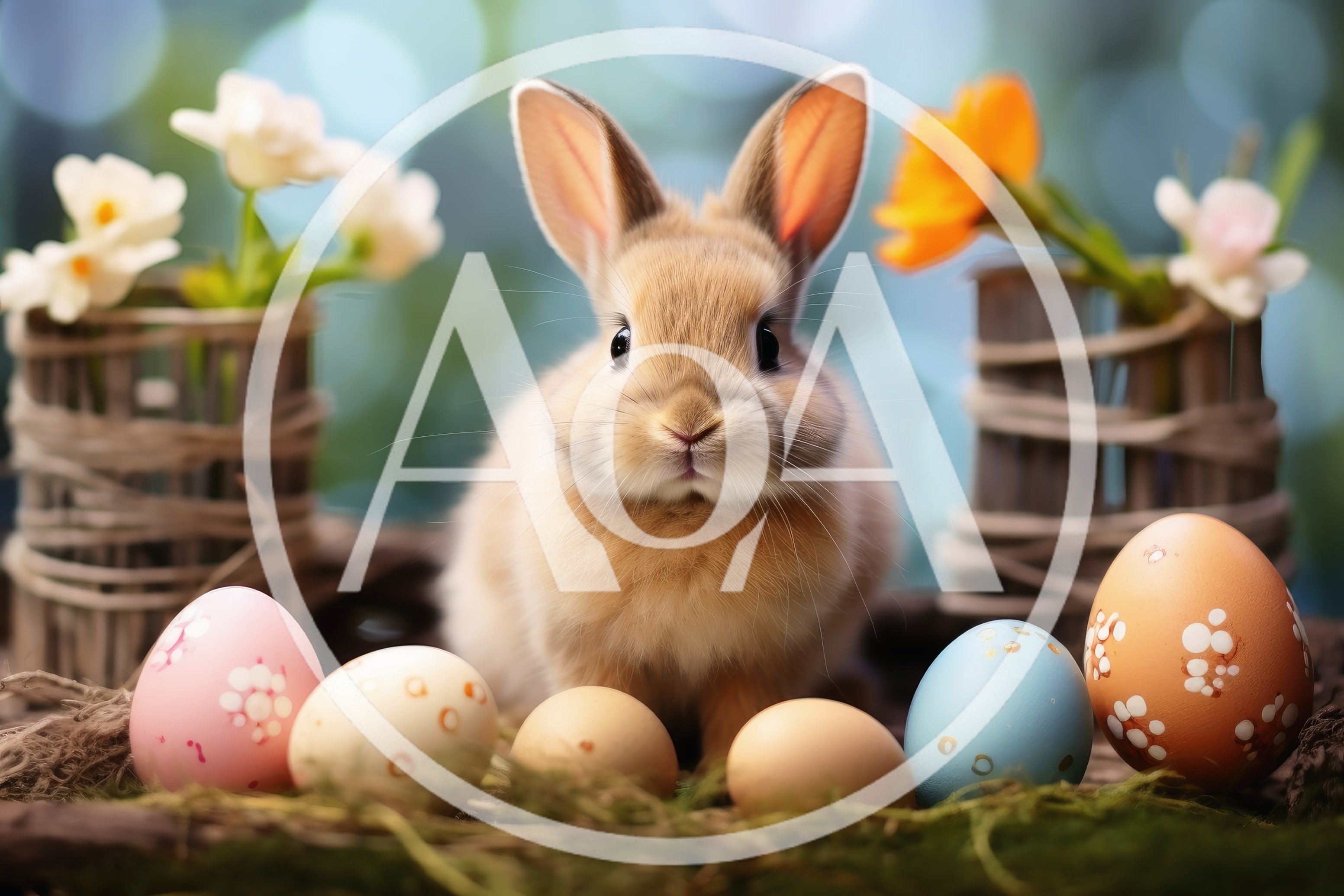 Cute Fluffy Bunny With Easter Eggs And Flowers