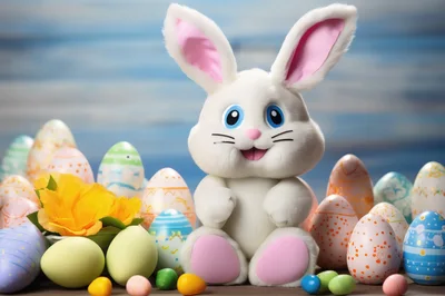 Cute Easter Bunny Surrounded By Colorful Decorated Eggs