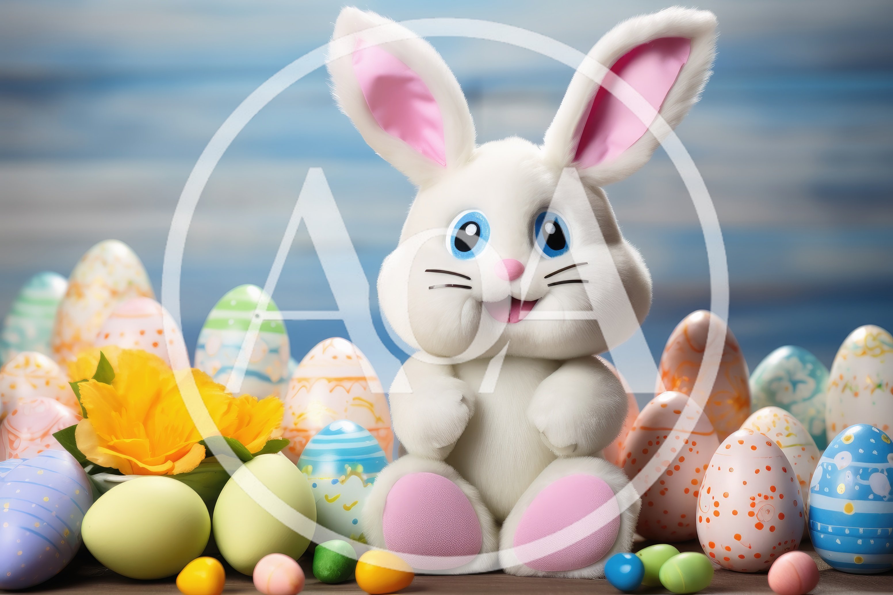 Cute Easter Bunny Surrounded By Colorful Decorated Eggs