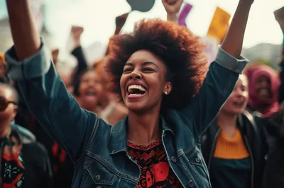 Joyful Young Woman Celebrating During A Public Protest