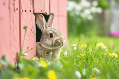 Cute Brown Rabbit Peeking Out Of A Red Hutch
