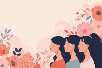Three Women Profiles With Floral Background Illustration
