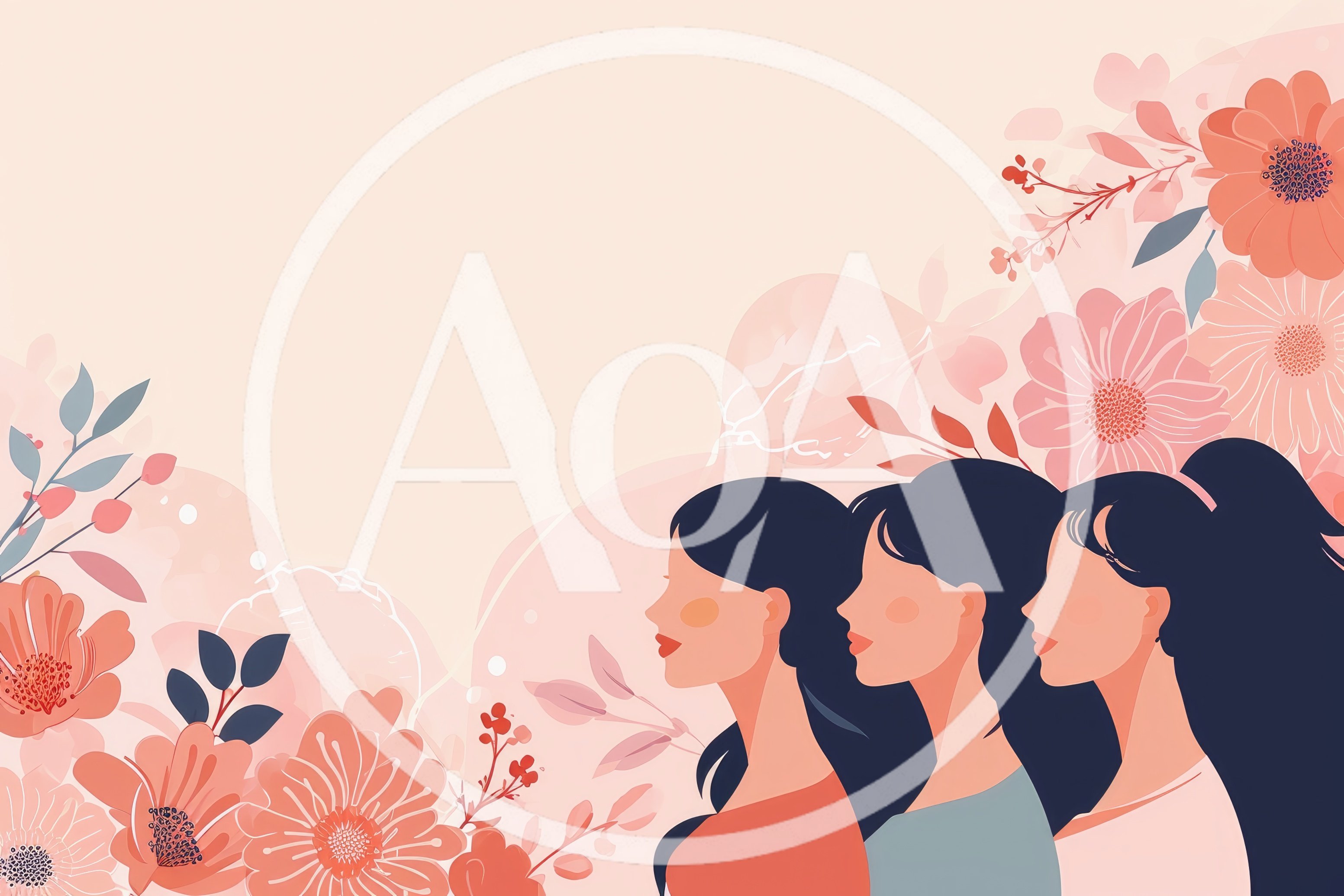 Three Women Profiles With Floral Background Illustration