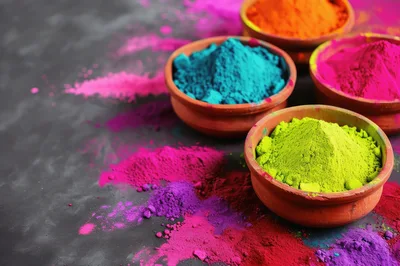 Colorful Holi Festival Powder In Clay Bowls