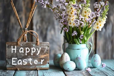 Rustic Happy Easter Sign With Speckled Eggs And Flowers