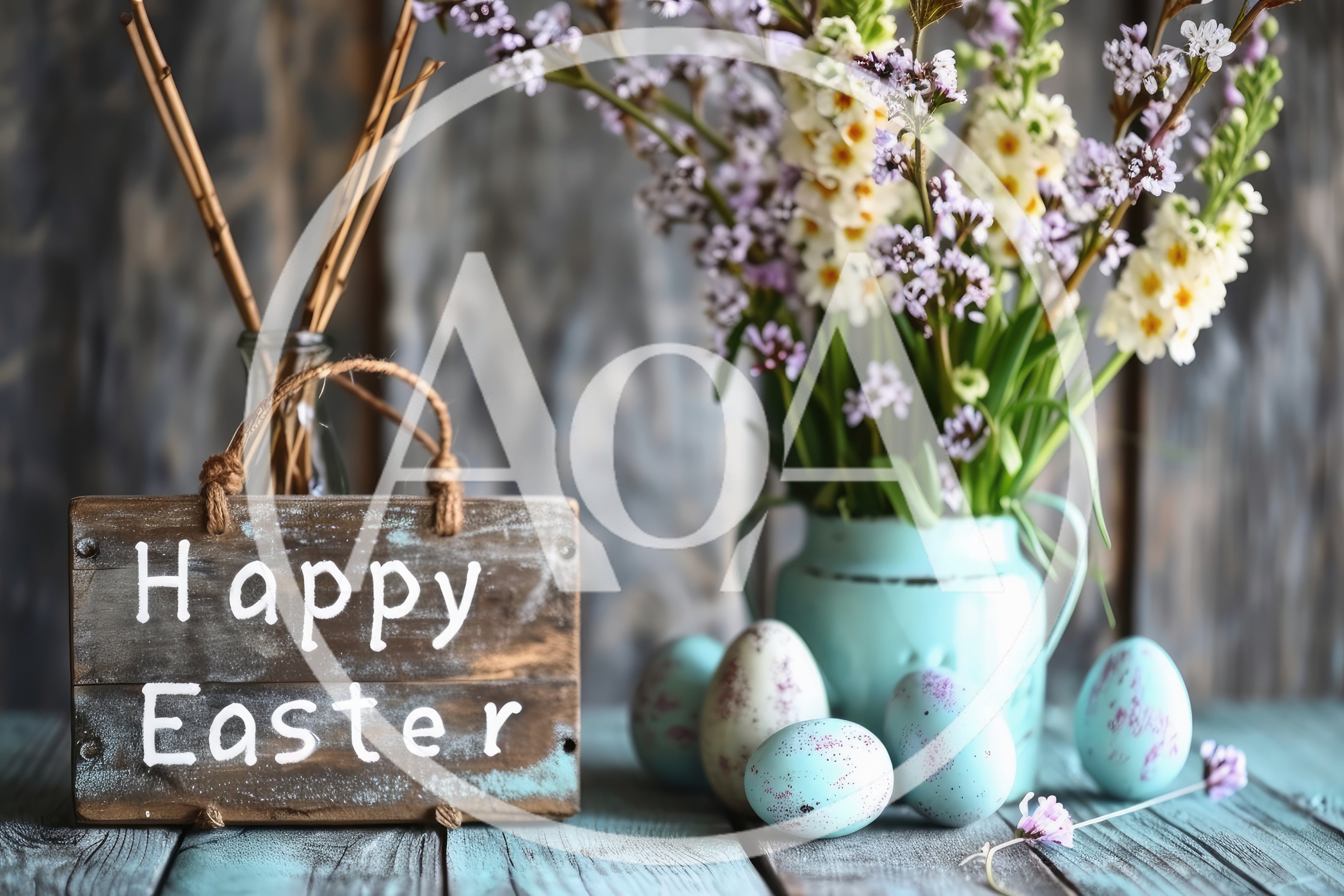 Rustic Happy Easter Sign With Speckled Eggs And Flowers