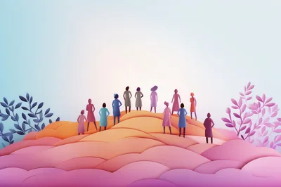 Group Of Women Standing On Abstract Paper Hills