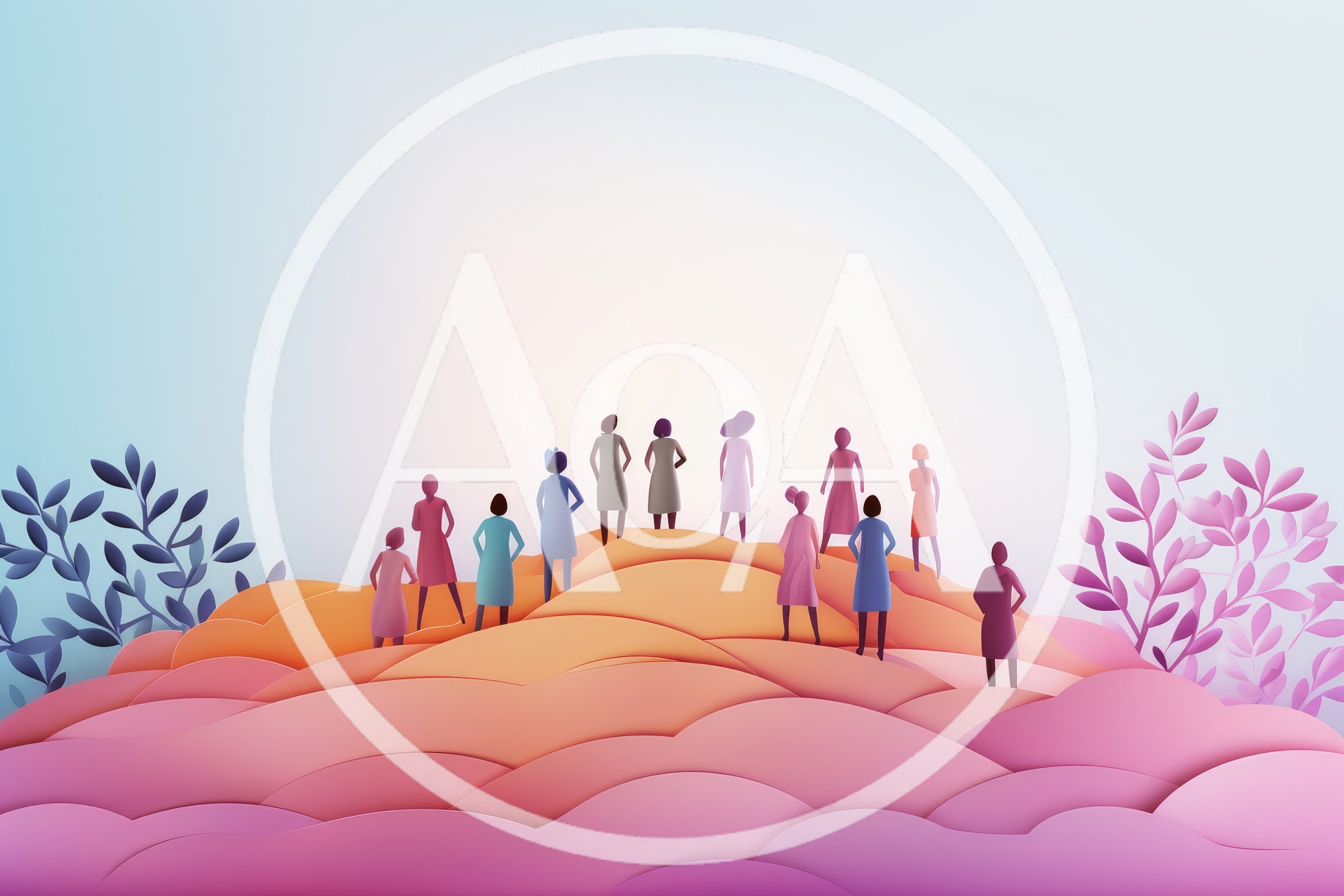 Group Of Women Standing On Abstract Paper Hills