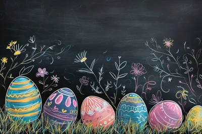 Easter Eggs Drawn With Chalk On Blackboard