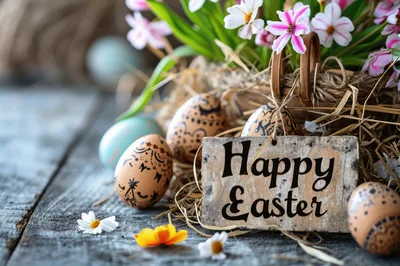 Easter Decoration With Painted Eggs And Flowers