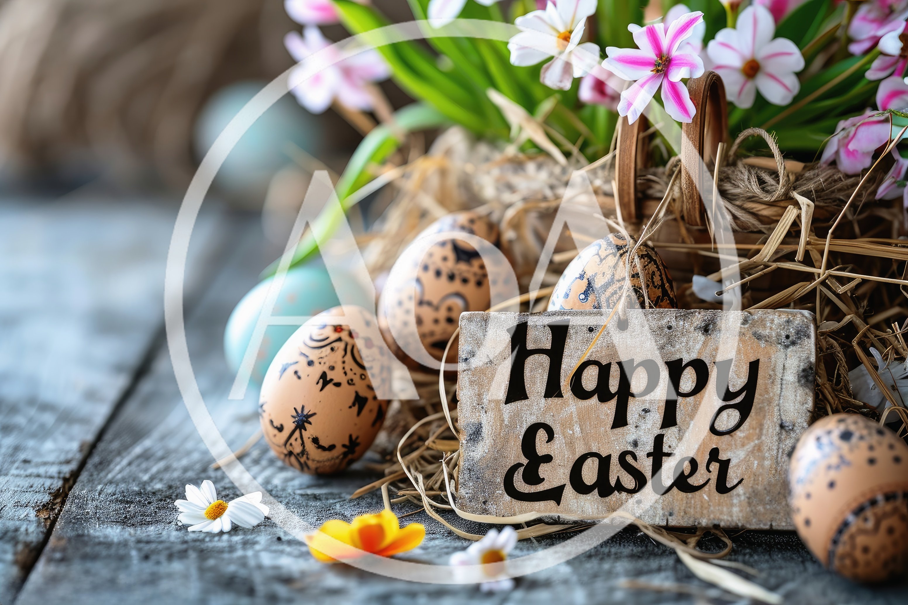 Easter Decoration With Painted Eggs And Flowers