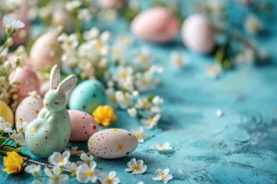 Easter Bunny Figurine With Decorated Eggs And Flowers