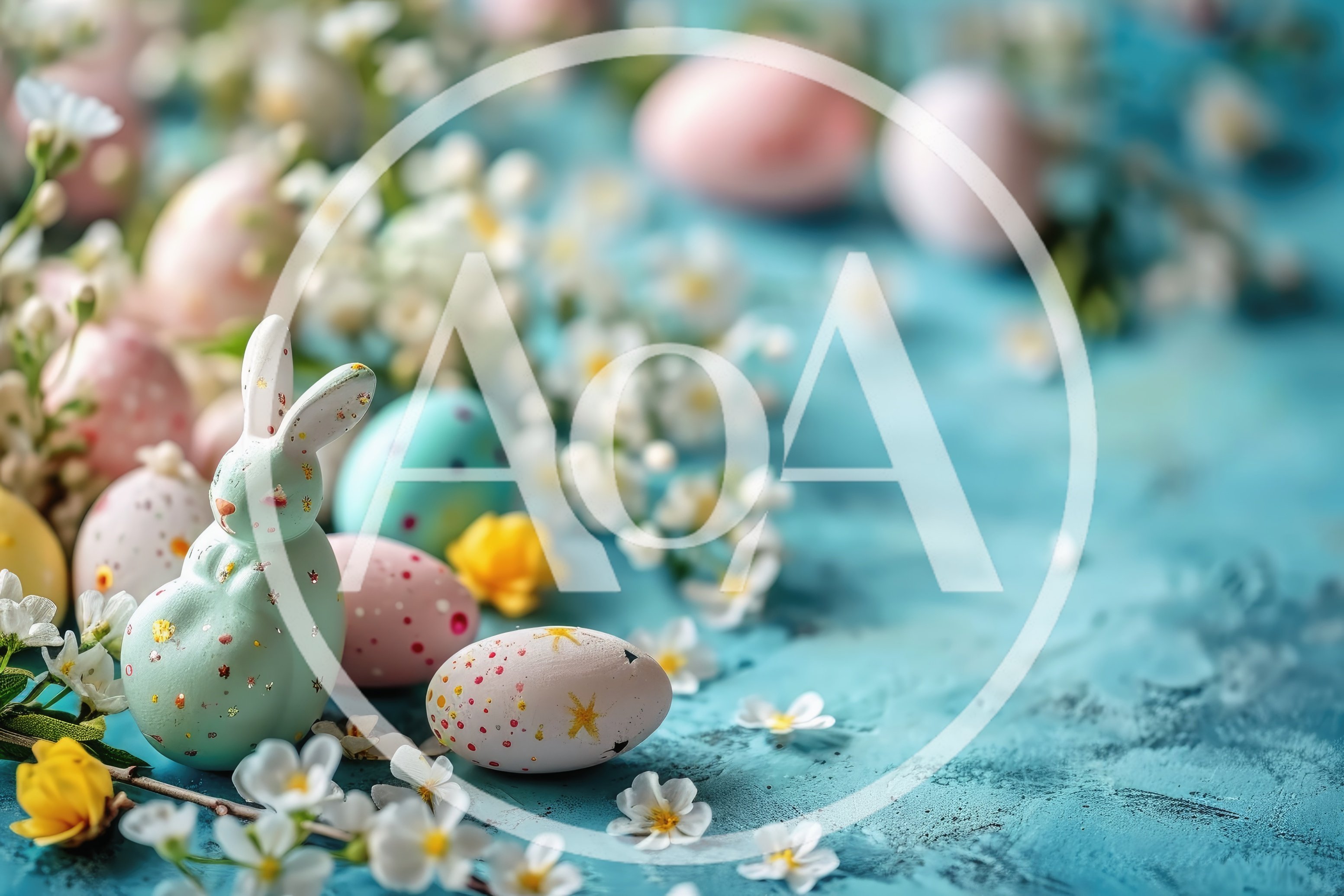 Easter Bunny Figurine With Decorated Eggs And Flowers
