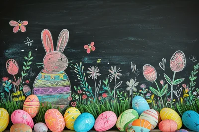 Easter Eggs and Chalk Bunny Drawing on Blackboard